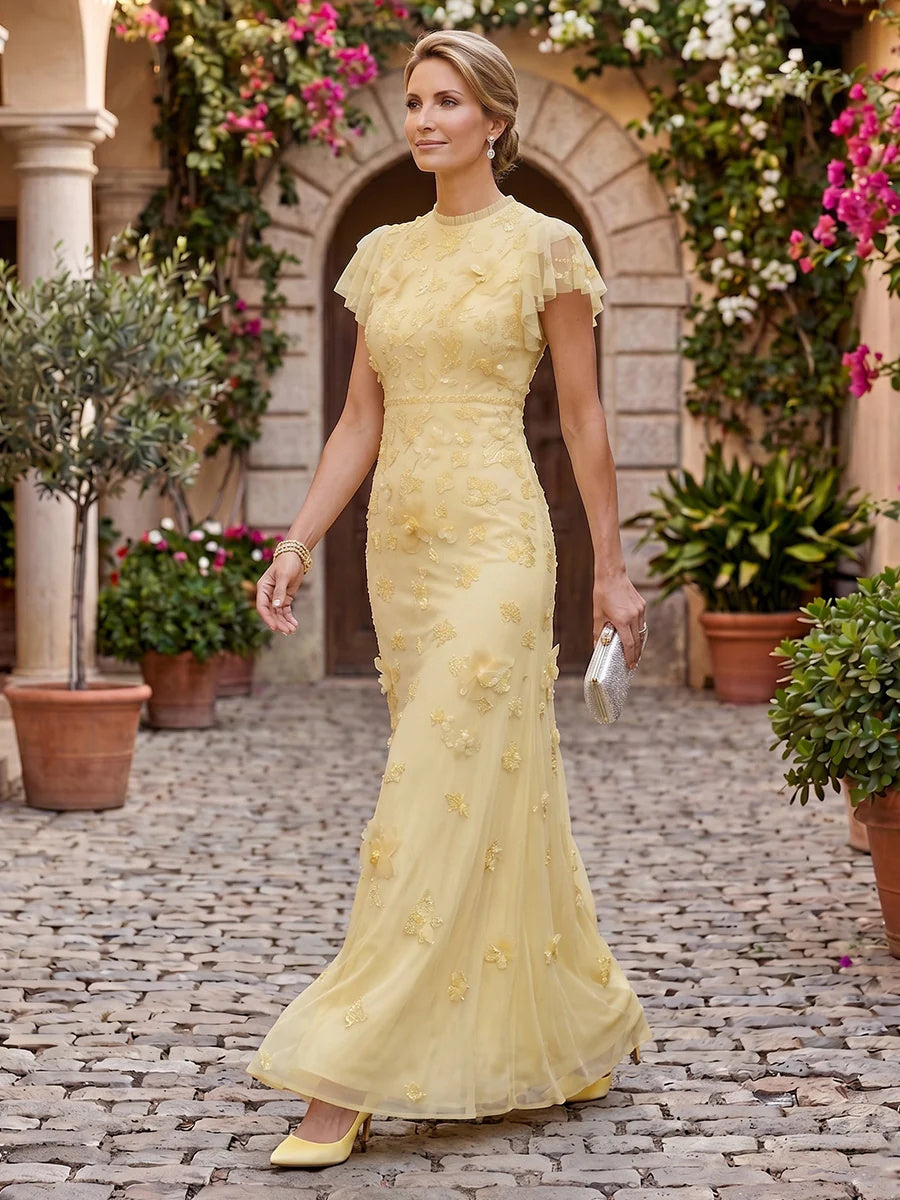 Column Round Neck Short Sleeves Long Mother of the Bride Dresses with Flower