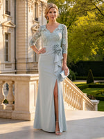 Column V Neck 3/4 Sleeves Long Mother of the Bride Dresses with Slit