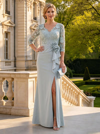 Column V Neck 3/4 Sleeves Long Mother of the Bride Dresses with Slit