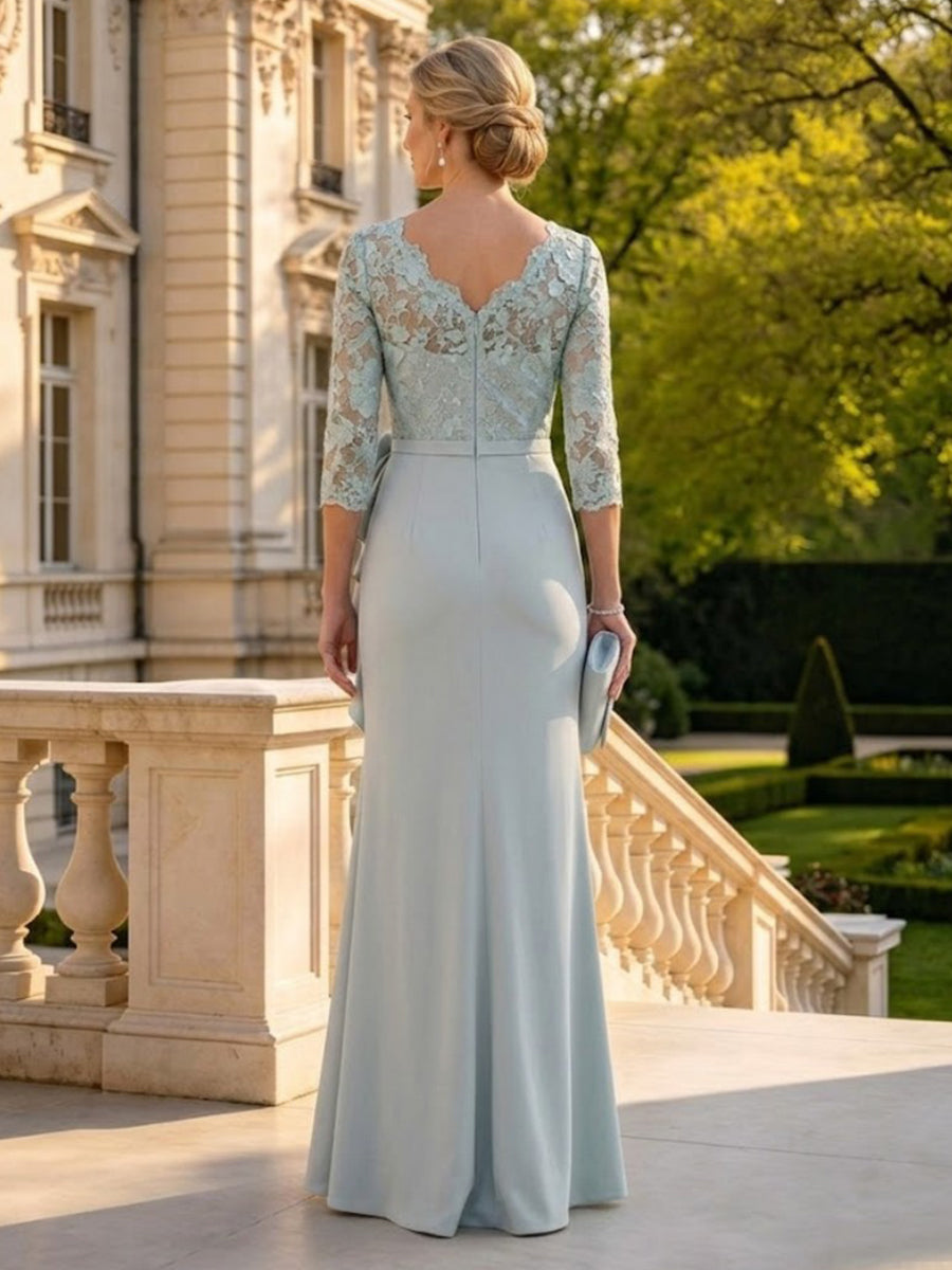 Column V Neck 3/4 Sleeves Long Mother of the Bride Dresses with Slit