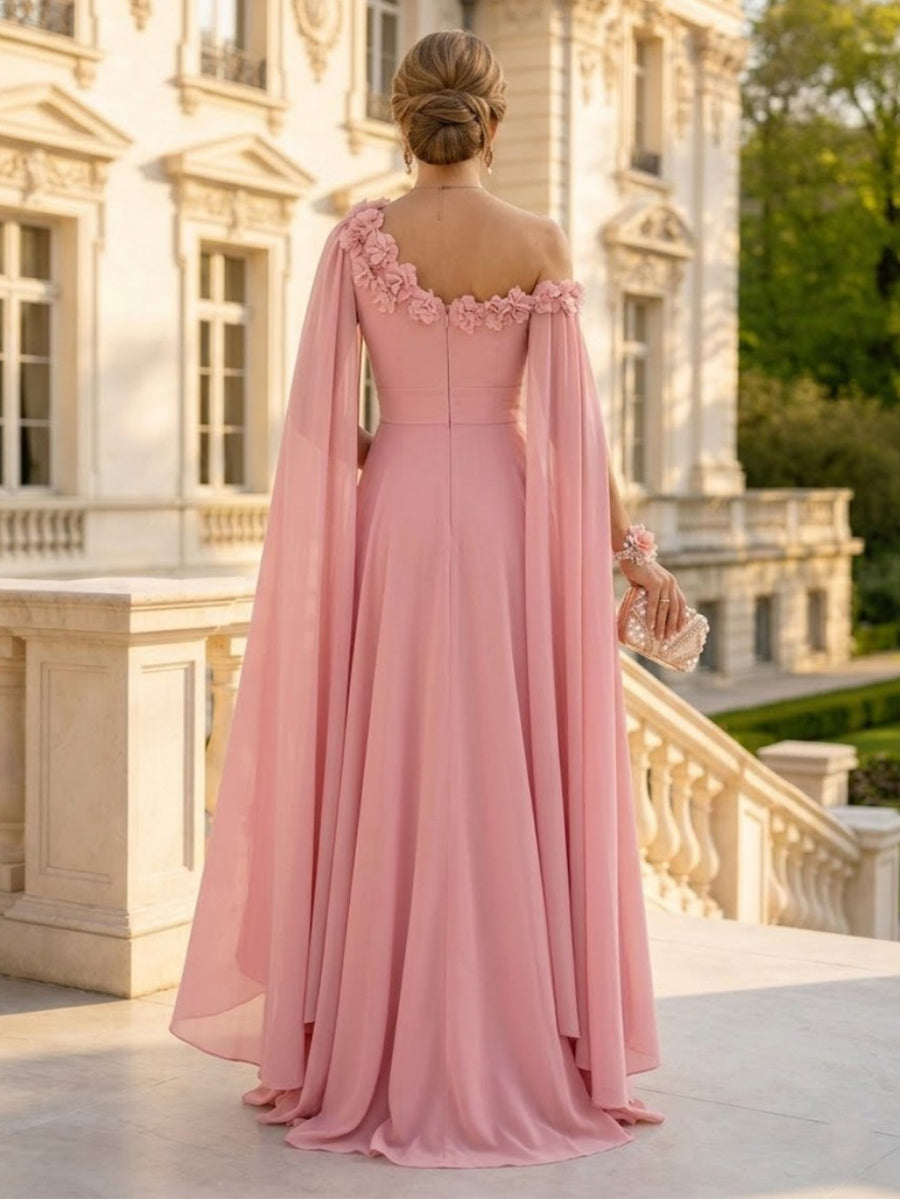 A Line One Shoulder Sleeveless Long Mother of the Bride Dresses with Flower