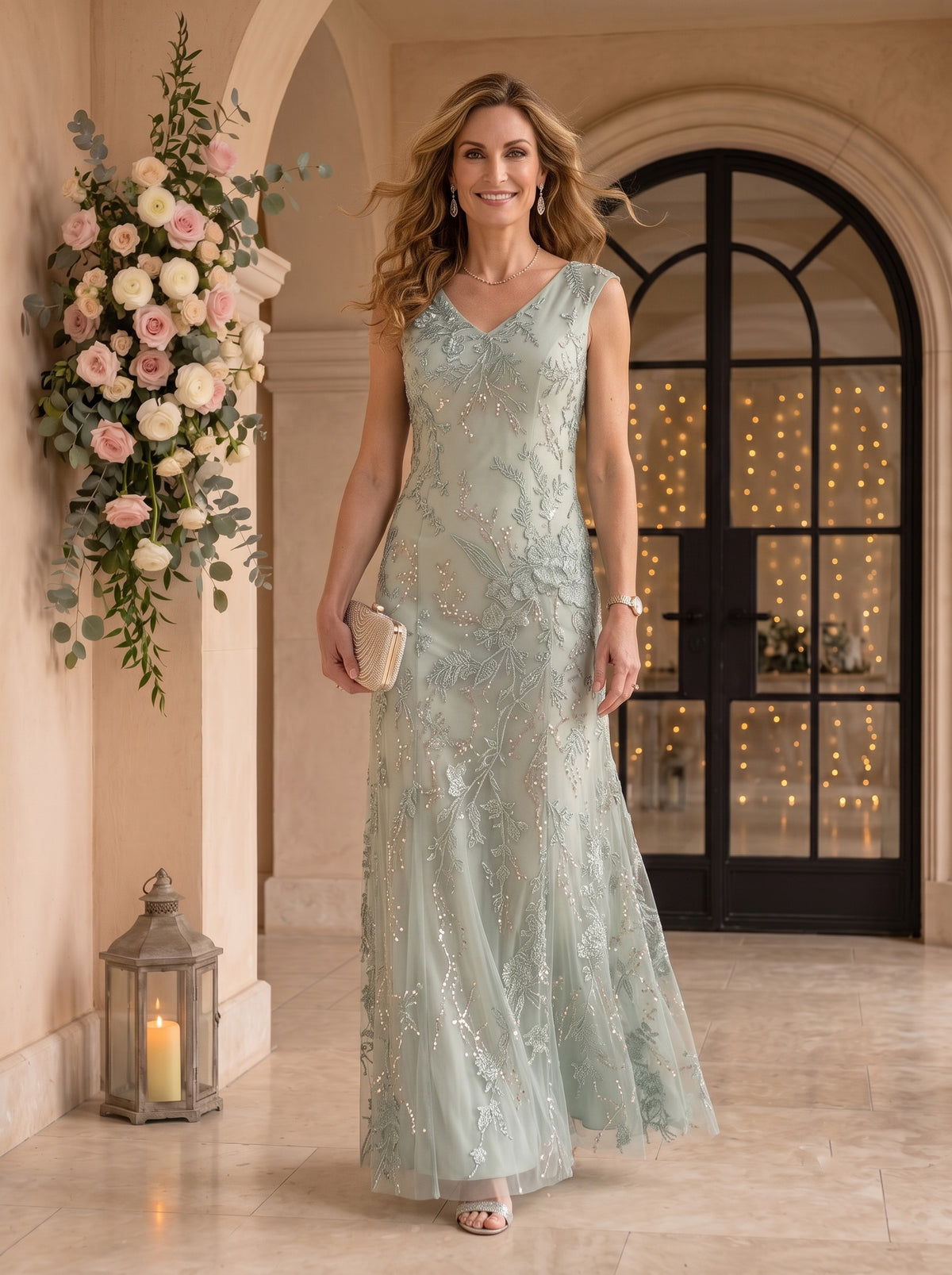 A Line V Neck Sleeveless Long Mother of the Bride Dresses