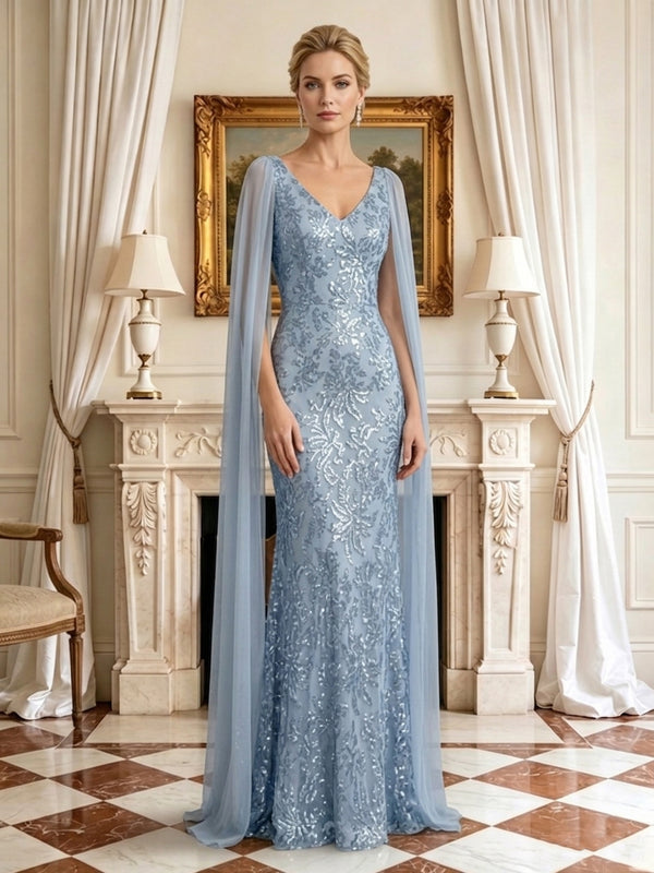 Sequin Mermaid V Neck Sleeveless Long Mother of the Bride Dresses