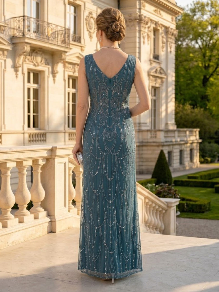 Column V Neck Sleeveless Long Mother of the Bride Dresses