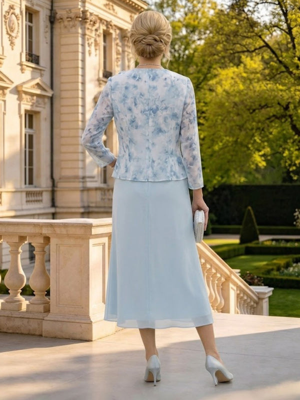 Column Round Neck Long Sleeves Mother of the Bride Dresses with Flower