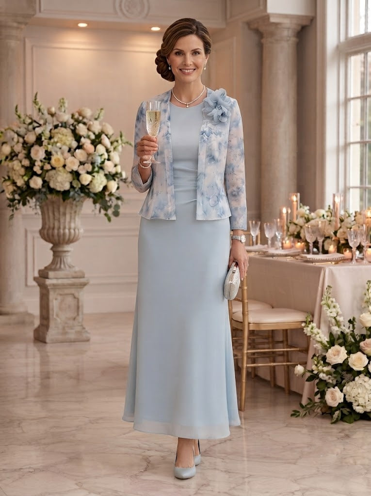 Column Round Neck Long Sleeves Mother of the Bride Dresses with Flower