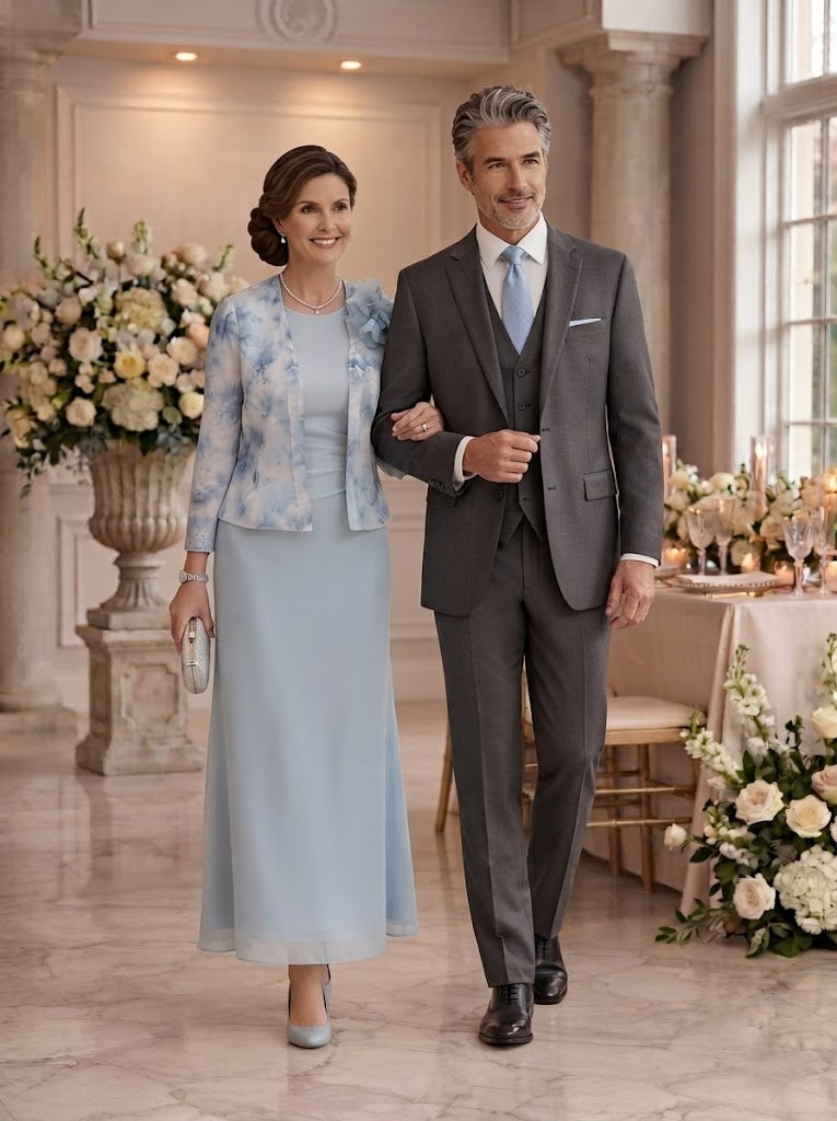 Column Round Neck Long Sleeves Mother of the Bride Dresses with Flower