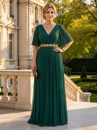 A Line V Neck Short Sleeves Long Mother of the Bride Dresses with Belt