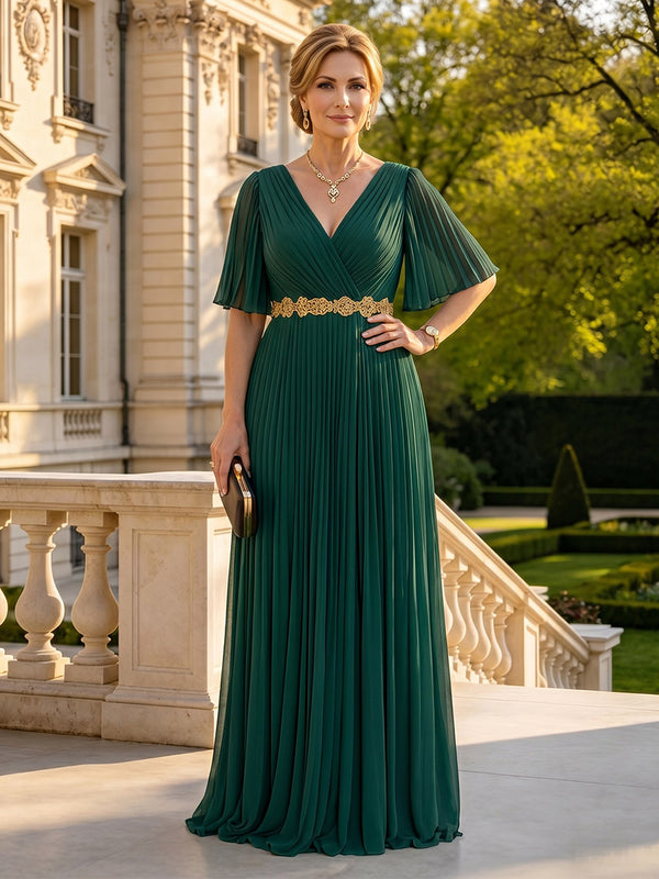 A Line V Neck Short Sleeves Long Mother of the Bride Dresses with Belt