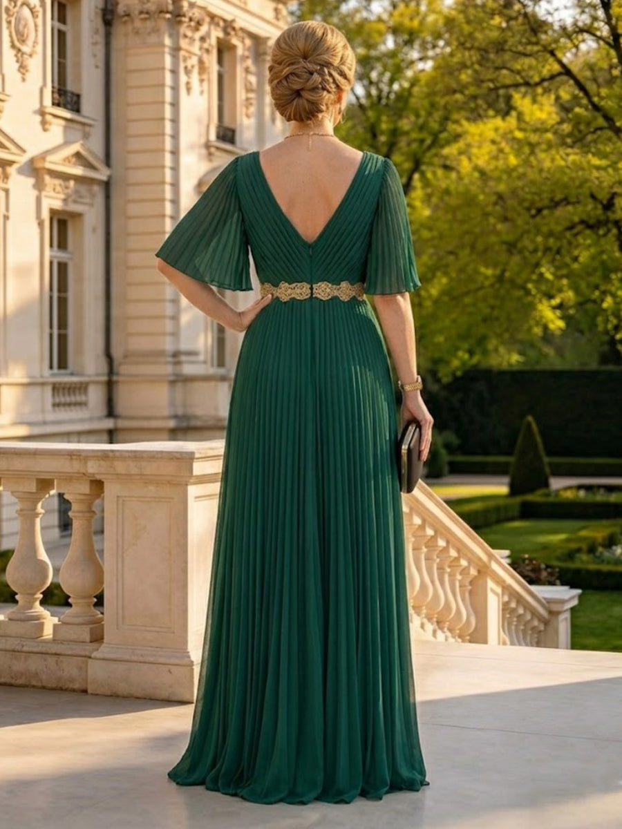 A Line V Neck Short Sleeves Long Mother of the Bride Dresses with Belt