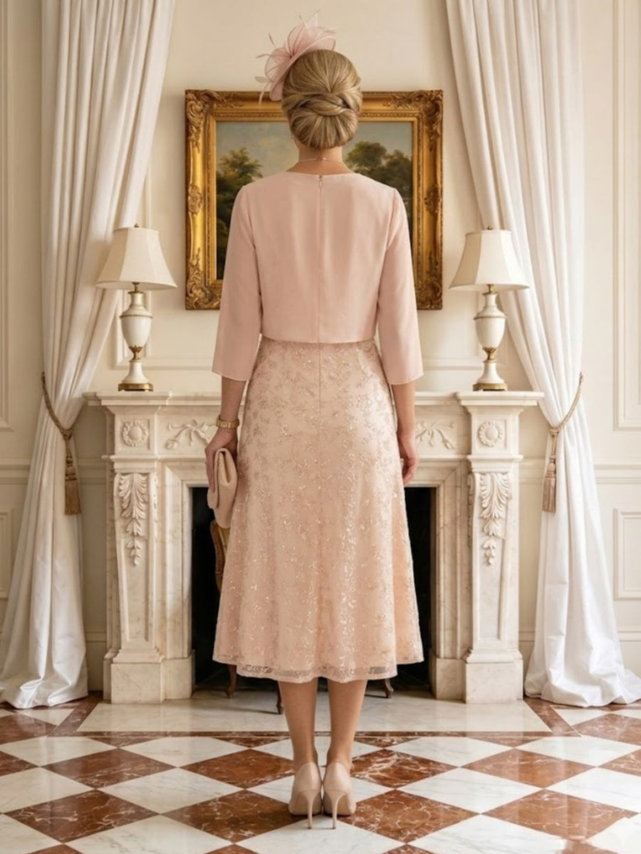 A Line Round Neck 3/4 Sleeves Long Mother of the Bride Dresses with Jacket