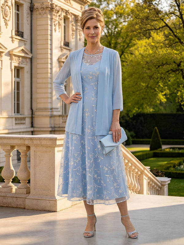 A Line Round Neck 3/4 Sleeves Long Mother of the Bride Dresses