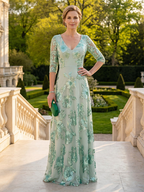 A Line V Neck Half Sleeves Long Mother of the Bride Dresses
