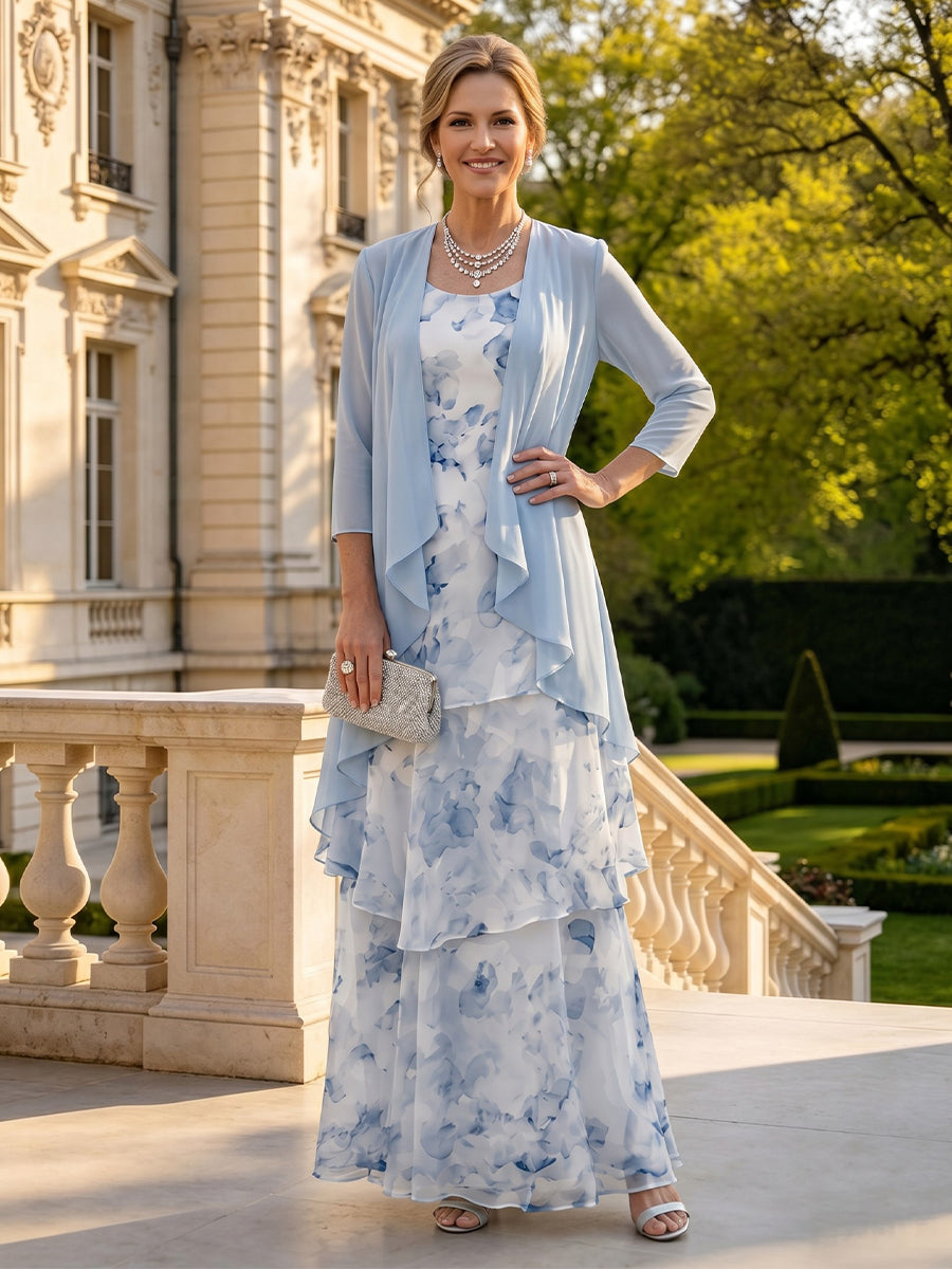 A Line Round Neck 3/4 Sleeves Long Mother of the Bride Dresses with Jacket