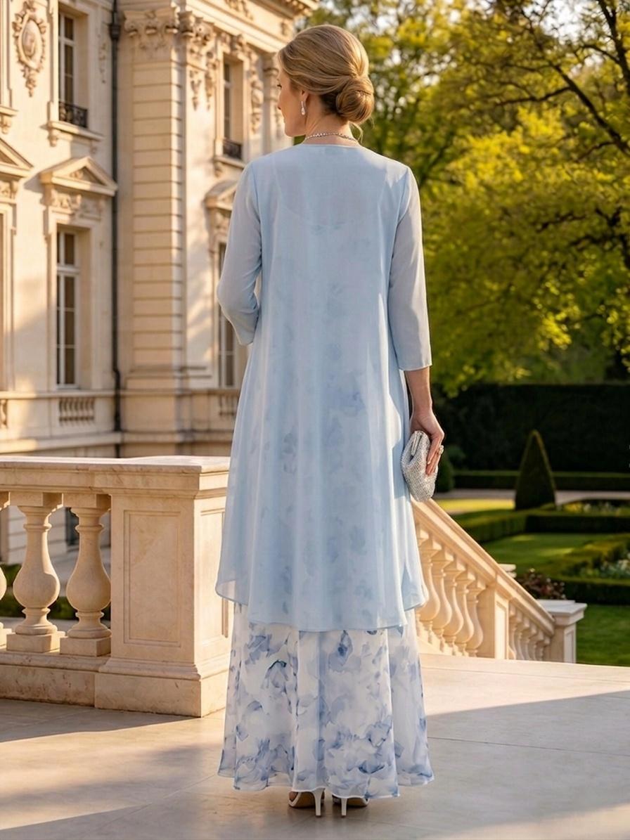 A Line Round Neck 3/4 Sleeves Long Mother of the Bride Dresses with Jacket