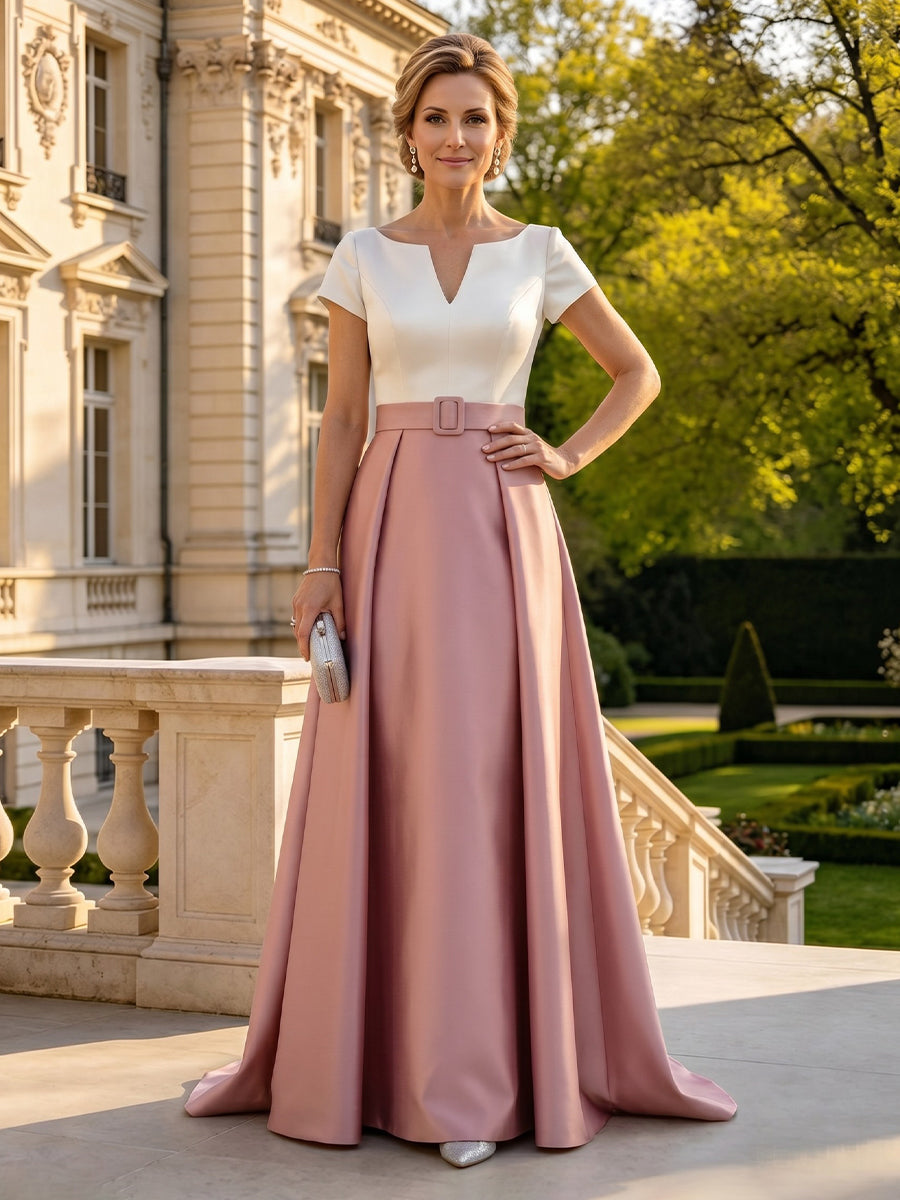 A Line V Neck Short Sleeves Long Mother of the Bride Dresses with Belt