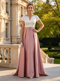 A Line V Neck Short Sleeves Long Mother of the Bride Dresses with Belt