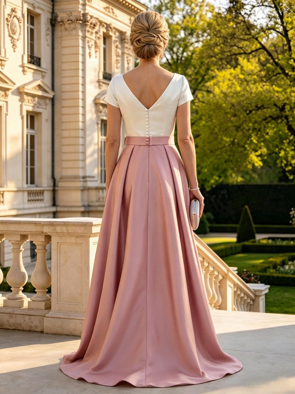 A Line V Neck Short Sleeves Long Mother of the Bride Dresses with Belt