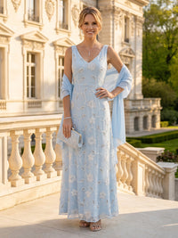 A Line V Neck Sleeveless Long Mother of the Bride Dresses with Cape