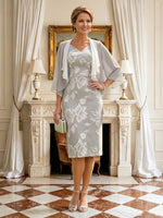 Mermaid V Neck Sleeveless Tea Length Mother of the Bride Dresses with Cape
