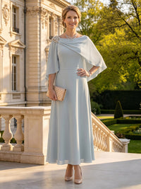A Line Round Neck Sleeveless Long Mother of the Bride Dresses with Cape