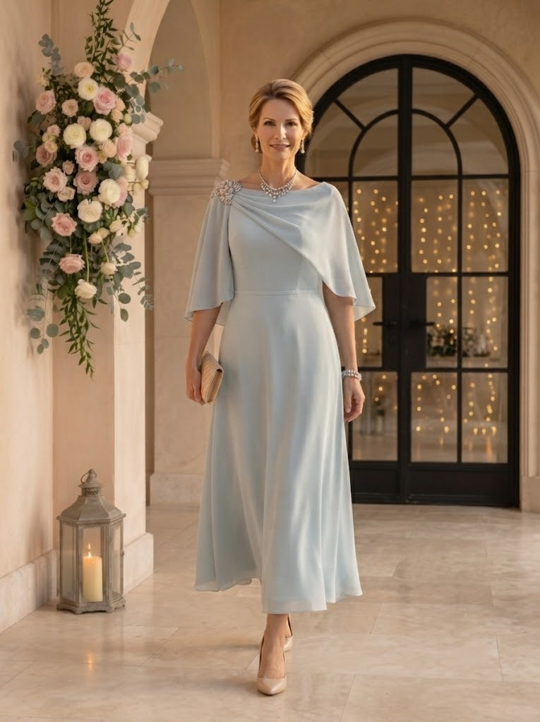 A Line Round Neck Sleeveless Long Mother of the Bride Dresses with Cape