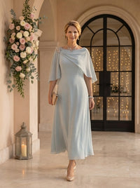 A Line Round Neck Sleeveless Long Mother of the Bride Dresses with Cape