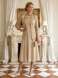 A Line Round Neck 3/4 Sleeves Long Mother of the Bride Dresses with Jacket