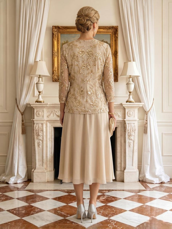 A Line Round Neck 3/4 Sleeves Long Mother of the Bride Dresses with Jacket