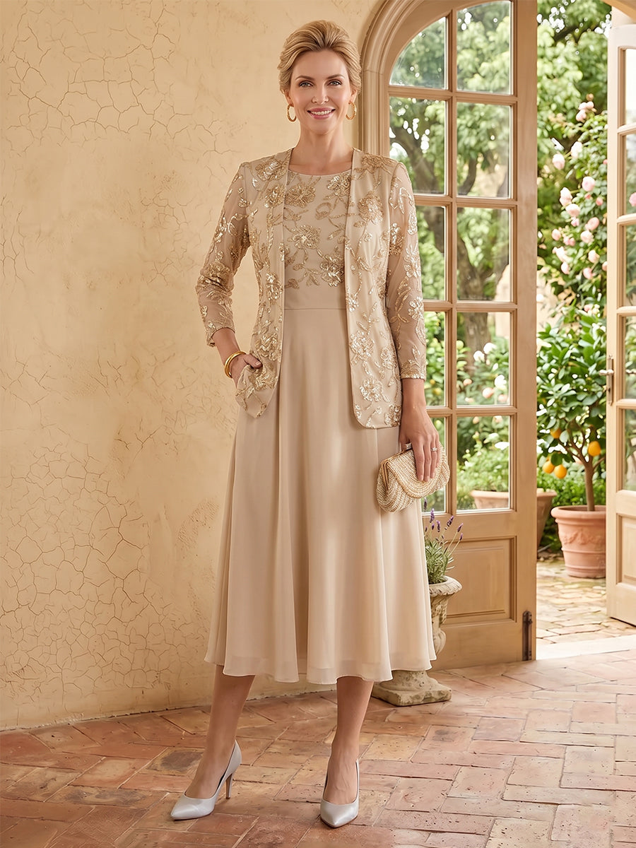 A Line Round Neck 3/4 Sleeves Long Mother of the Bride Dresses with Jacket
