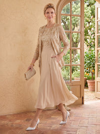 A Line Round Neck 3/4 Sleeves Long Mother of the Bride Dresses with Jacket