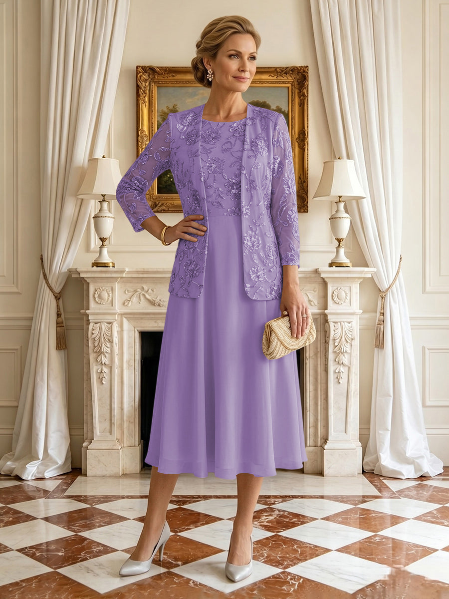 A Line Round Neck 3/4 Sleeves Long Mother of the Bride Dresses with Jacket