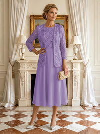 A Line Round Neck 3/4 Sleeves Long Mother of the Bride Dresses with Jacket