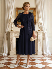 A Line Round Neck 3/4 Sleeves Long Mother of the Bride Dresses with Jacket