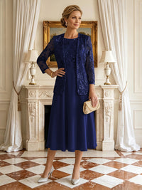 A Line Round Neck 3/4 Sleeves Long Mother of the Bride Dresses with Jacket