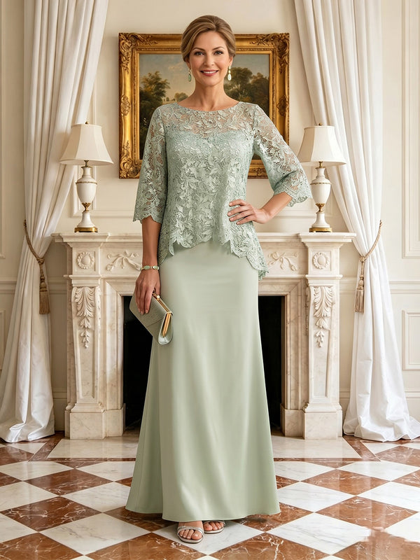 Column Round Neck 3/4 Sleeves Long Mother of the Bride Dresses