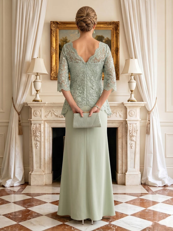 Column Round Neck 3/4 Sleeves Long Mother of the Bride Dresses