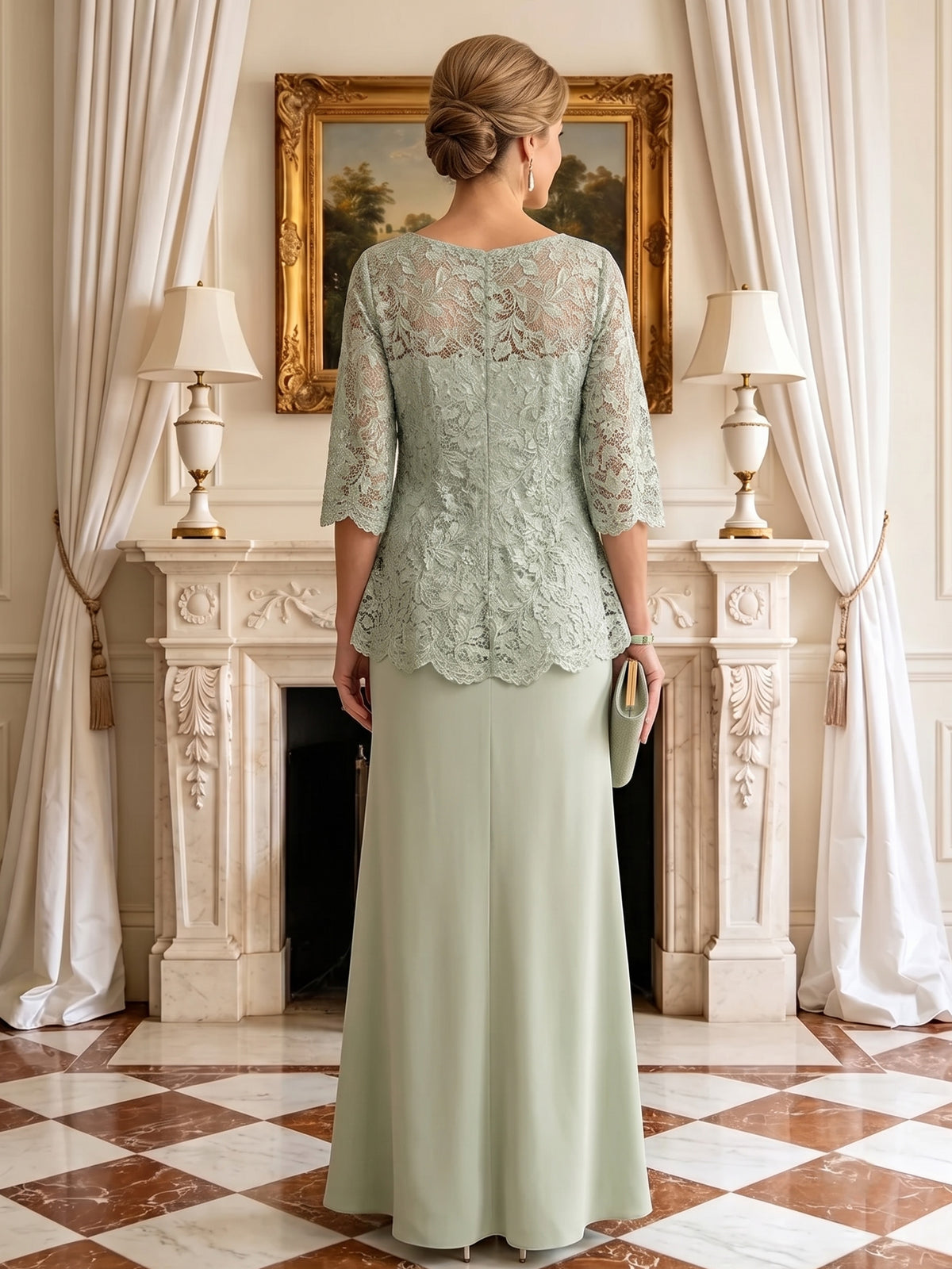 Column Round Neck 3/4 Sleeves Long Mother of the Bride Dresses