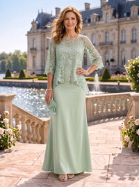 Column Round Neck 3/4 Sleeves Long Mother of the Bride Dresses