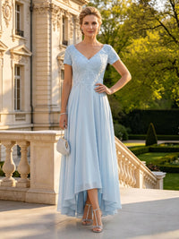 A Line V Neck Short Sleeves High Low Mother of the Bride Dresses