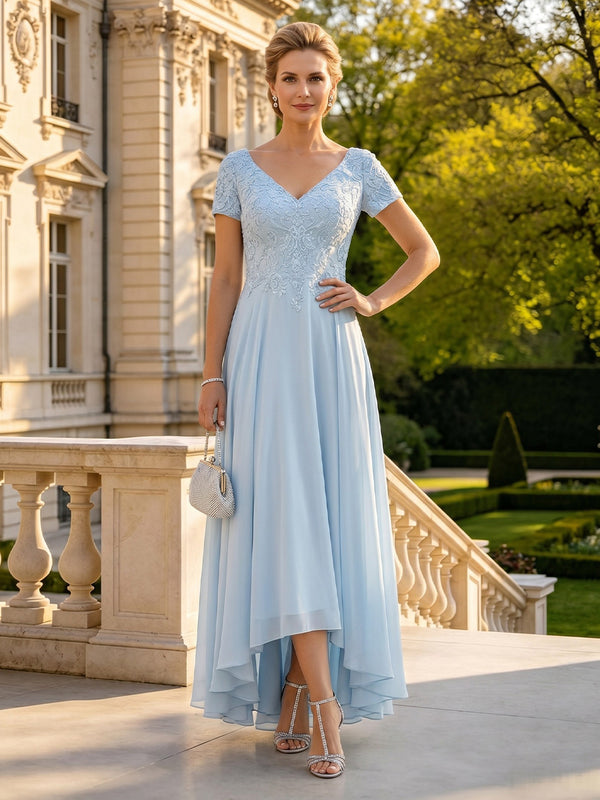 A Line V Neck Short Sleeves High Low Mother of the Bride Dresses
