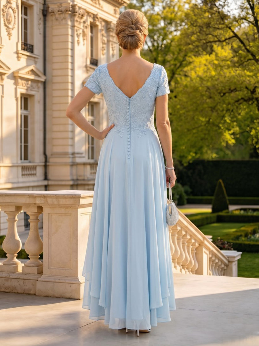 A Line V Neck Short Sleeves High Low Mother of the Bride Dresses