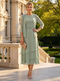 A Line Round Neck 3/4 Sleeves Long Mother of the Bride Dresses