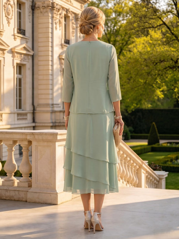 A Line Round Neck 3/4 Sleeves Long Mother of the Bride Dresses