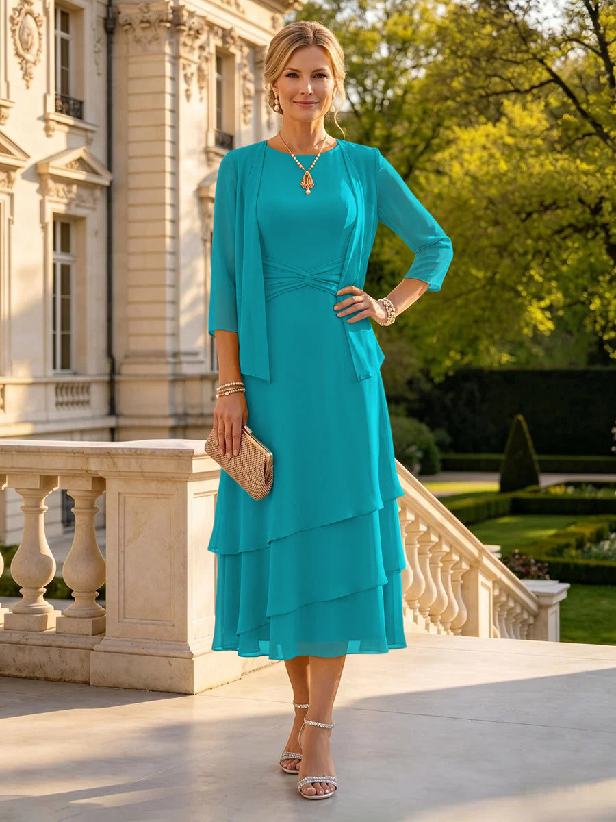 A Line Round Neck 3/4 Sleeves Long Mother of the Bride Dresses