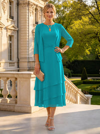 A Line Round Neck 3/4 Sleeves Long Mother of the Bride Dresses