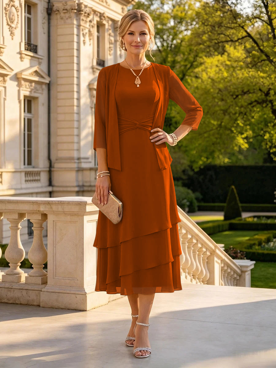 A Line Round Neck 3/4 Sleeves Long Mother of the Bride Dresses