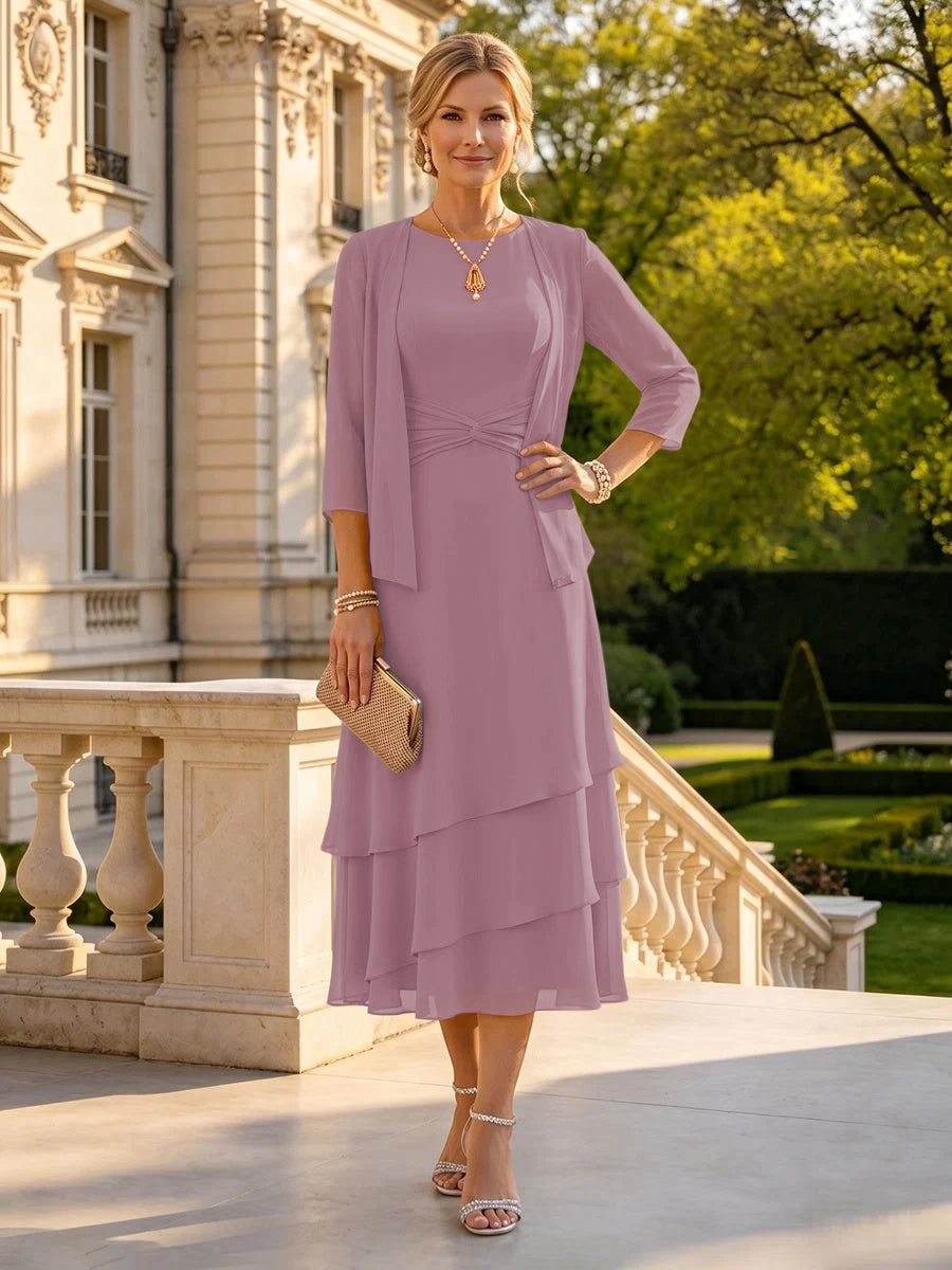 A Line Round Neck 3/4 Sleeves Long Mother of the Bride Dresses