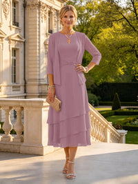 A Line Round Neck 3/4 Sleeves Long Mother of the Bride Dresses