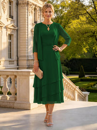 A Line Round Neck 3/4 Sleeves Long Mother of the Bride Dresses